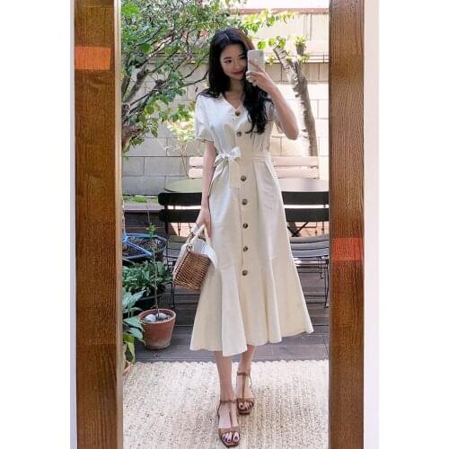 Buttons Plus size Summer Dress Girls Boho Party Female Vintage Dress lace up Short Sleeve white Women Dresses Robe Vestido