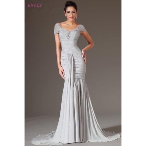 Silver Evening Dresses Mermaid V-neck Cap Sleeves Chiffon Plus Size Long Evening Gown Prom Dresses Robe De Soiree