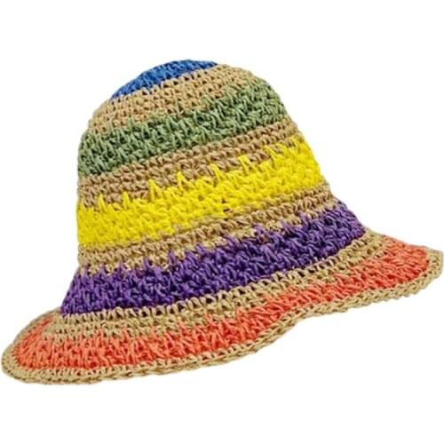 Women Girls Summer Crochet Woven Straw Sun Hat Bright Rainbow Colorful Stripes Wide Brim Sunscreen Packable Bucket Cap
