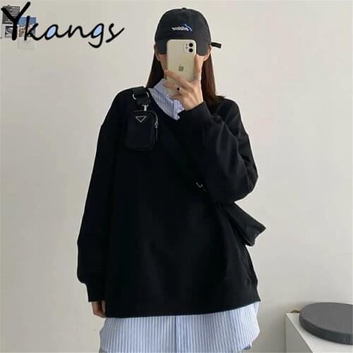 Loose Solid Color All-Match V-Neck Casual Sweatshirt Vintage Simplicity Oversiezed Pullover Spring Autumn Thin Women Streetwear