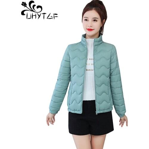 UHYTGF Thin and light Autumn winter cotton coat women fashion zipper slim short jackets solid color wild casual Female coat 1275