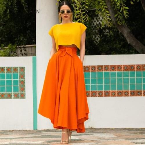 2020 Summer Fashion Bow A-line Pleated Maxi Skirt High Quality Solid High Waist Ankle-Length Vintage Skirt For Women Long Skirt