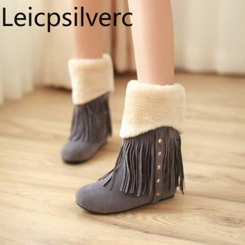 Womens Boots Autumn And Winter New Round head tassel Rivet Internal increase mid heel Short tube Womens shoes plus size 33-42