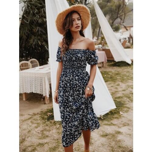 Dress Woman 2021 Spring Summer Bohemian Casual Dress Sexy Slash Neck Floral Ruffle Short Sleeve A Line Print Beach Dress