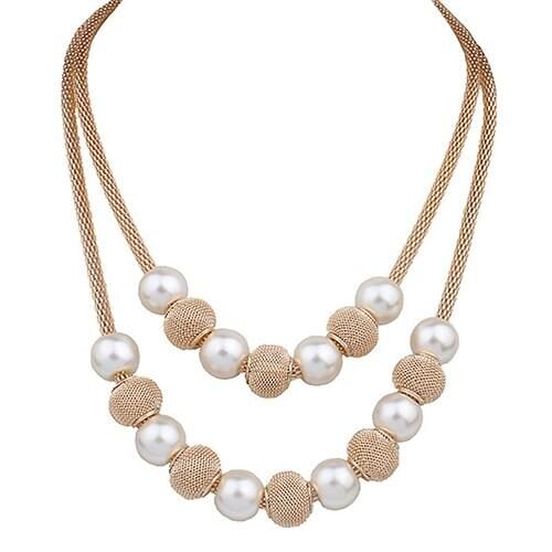 Hot Womens Double Layers Mesh Chain Round Faux Pearl Ball Charms Necklace Fashion Jewelry