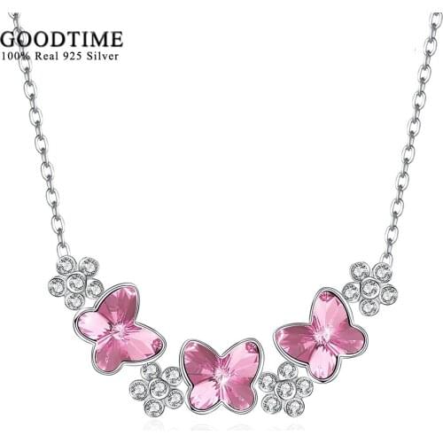 925 Sterling Silver Butterfly Crystal Necklaces For Women Pink/ Blue Austrian Crystals Multiple Butterflies Pendants & Necklaces