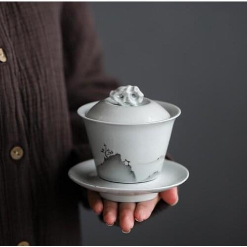 130ML Soot Glaze Gaiwan Tureen Ceramic Tea Bowl Saucer Lid Set Handmade Landscape Teaware Drinkware Tea Master Cup Crafts Gift