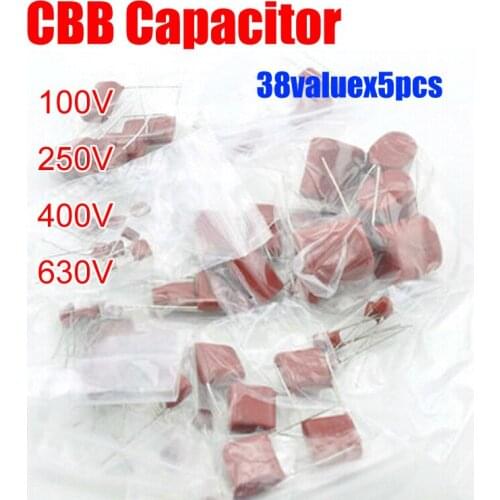 Free Shipping 38valuesx5pcs=190pcs 100V/250V/400V/630V CBB Capacitor Assorted Kit 102 103 104 105 224 334 684 etc