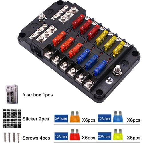 12V 32V Plastic Cover Fuse Box Holder M5 Stud LED Indicator Light 12 Ways 6 Ways Distribution Board for Auto Car Boat Marine