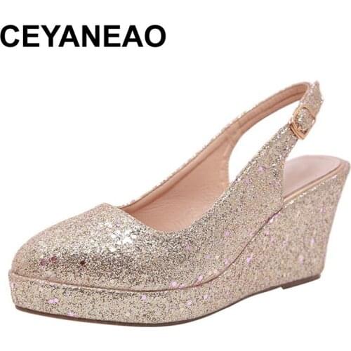 CEYANEAOWomens Wedges Shoes Ladies Fashion Solid Sequins Bling Round Head Shoes Woman Strap Wedges Shallow Casual Sandals sanda