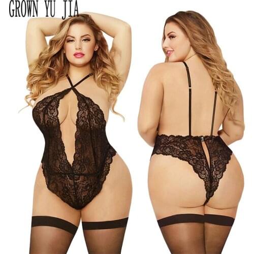 Hot Babydoll Sexy halter Lingerie Erotic Women Lace bodysuit porno Plus Size catsuit 5xl Transparent Hollow-out Backless teddy