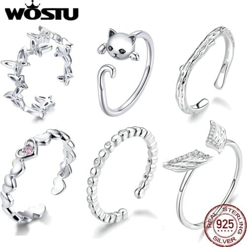 WOSTU Real 925 Sterling Silver Round Ring For Fashion Women Cute Fine Jewelry Finger Ring Adjustable Opening Silver Rings