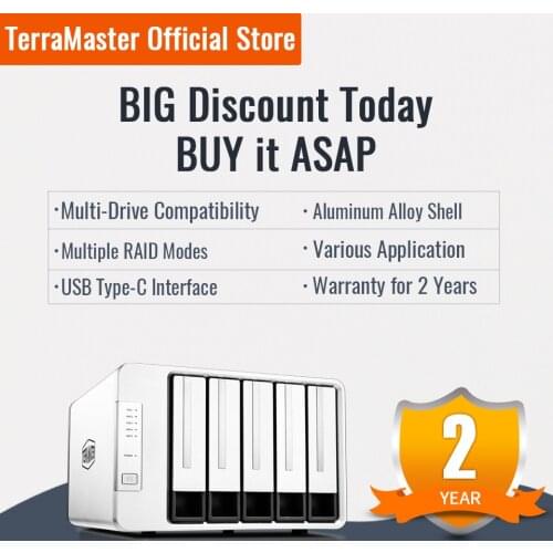 TerraMaster D5-300 USB3.0 (5Gbps) Type C 5-Bay External Hard Drive Enclosure Support RAID 5 Hard Disk RAID Storage (Diskless)