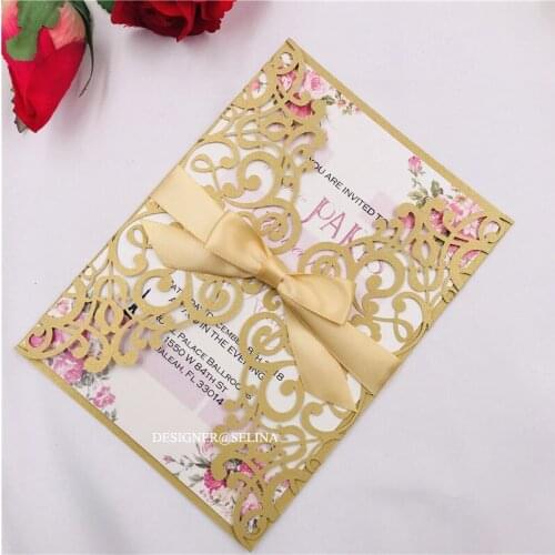 Laser Cut Invitations for Wedding, Gold Silver Red Champagne Hollow Printable Bridal Shower Invitation Party Greeting Cards