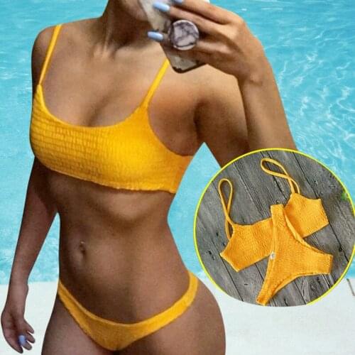 Hot Pleated Triangle Girls Bikini Set Brazilian Thong Femme Bathing Suit Bandeau Swimwear Women Yellow Sexy Bikini Swimsuit