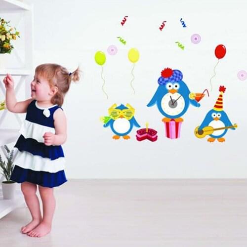 3 Little Penguin Concert Wall Stickers Mute Decorative Wall Clocks Children Bedroom Decor Diy Kids Wall Decals Electronic Clock