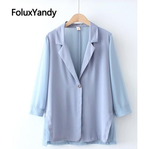 Women Chiffon Blazer Brand New Spring Coat Plus Size 3 4 5 XL Thin Office Laday Blazer Black Sky Blue Outerwear KKFY5424