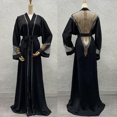 Richkeda Store New 2021 New Muslim Abayas Dubai Kaftan Abaya Hijab Set Shiny Stones Beading Lace Dress Boubou Turkish Woman