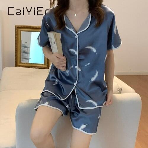 CAIYIER New Summer Feather Printing Pajamas Turn-down Collar Women Cartoon Home Suit Shirts+Shorts Sweet Girl Casual Sleepwear