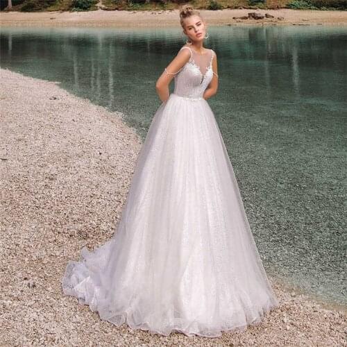 Sheer Scoop Lace Appliques A-Line Wedding Dresses Custom Made V-Shape Back Long Bridal Gowns Formal Spring Vestidos De Mariee