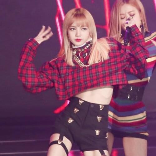 Korean Celebrity same red and black plaid splice shirt women round neck lace long-sleeve short shirt kpop Korean loose clothes