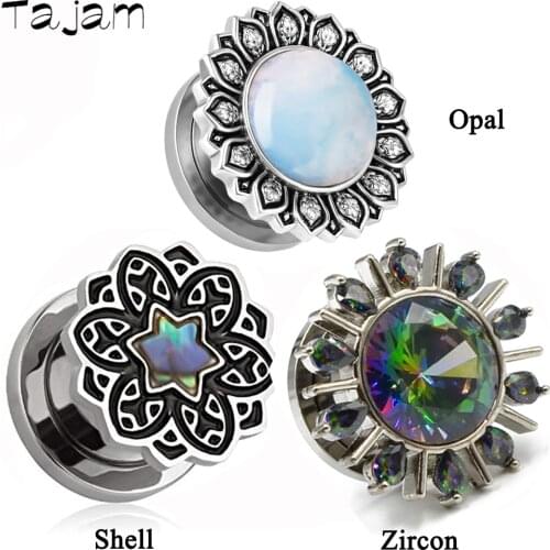 1Pair Stainless Steel Ear Piercing Flower Stone Ear Gauges Expander Flash Plugs Tunnels Screw Fashion Earring Body Jewelry