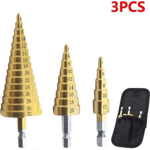3pcs HSS Titanium Coated Step Drill Bit 4-12 4-20 4-32 Drilling Power Tools Metal High Speed Steel Wood Hole Cutter Cone Drill