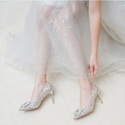 Wedding shoes women 2021 new bridal gold wedding high heels thin heel Sequin wedding dress bridesmaid crystal shoes