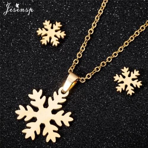 Jisensp Vintage Snowflake Pendant Necklace Earrings for Women Girls Geometric Snow Flowers Stainless Steel Earrings Bijoux Femme