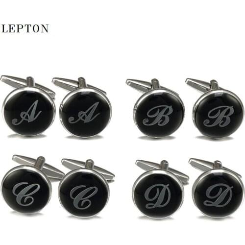 Lepton Black Round Letters Cufflinks For Mens Silver Color Letter cuff links Men Wedding shirt cuffs Cufflink Relojes Gemelos