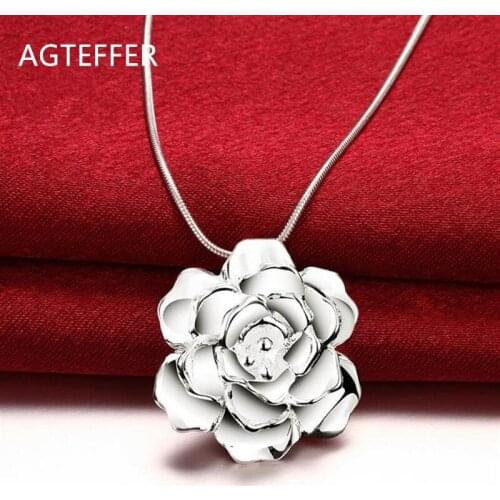 AGTEFFER 925 Sterling Silver 18 Inch Snake Chain Flower Pendant Necklace For Women Fashion Wedding Party Charm Jewelry
