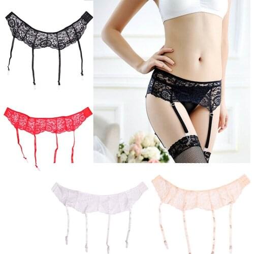 Women Black Floral Garter Belt Sheer Lace Thigh-Highs Stockings Suspenders Garter Belt