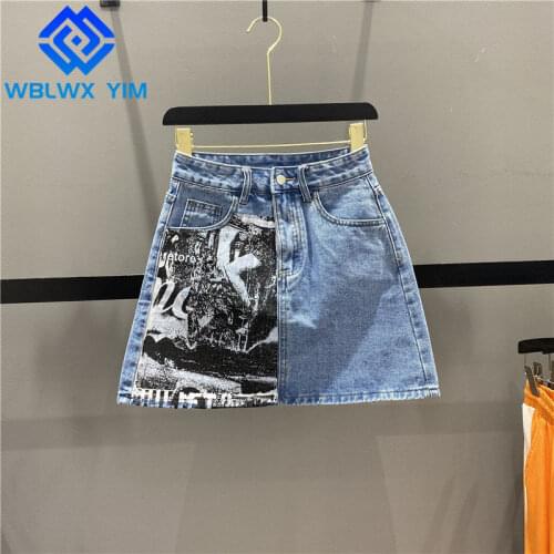 Summer Denim Skirt Women Fashion Graffiti Print Pocket High Waist Mini Skirt Casual Loose A-Line Package Hip Jeans Skirts Female