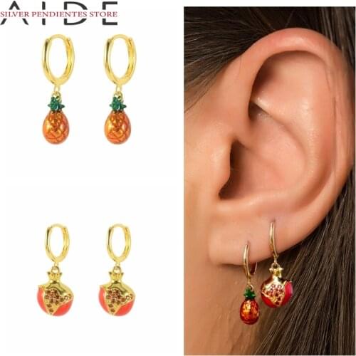 AIDE Summer Fruit Earrings Women 925 Sterling Silver Pineapple Pomegranate With Diamonds Earrings Hoops Pendientes Plata 925