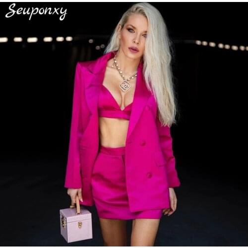 High Quality 2021 Summer Fashion WomenS 3 Three-Piece Set Sexy Double-Breasted Jacket + Short Vest + High Waist Skirt Party Set