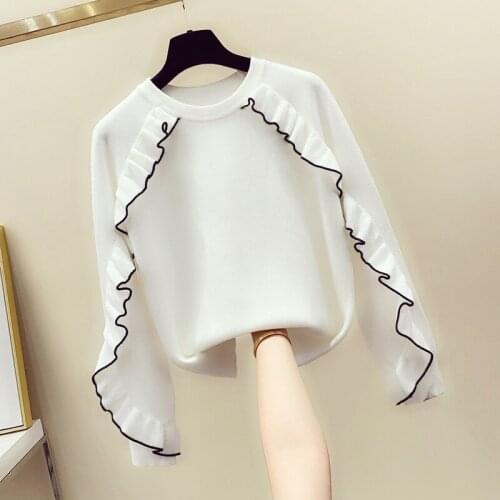 Pullover Sweater Women New Round Neck Loose Retro Ruffles Sweaters Female Autumn Fashion New Clothes 2020 White Jumper Student