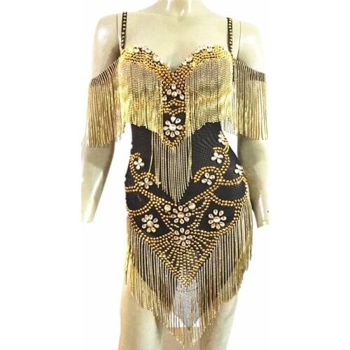 Gold Rhinestones Fringes Mesh Sexy Bodysuit Women Birthday Celebrate Dress Costumes Outfit Prom Birthday Outfit Collections