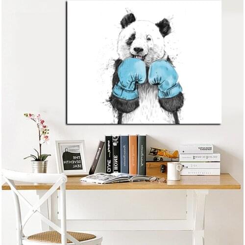 2018 Cute Cartoon Animal Minimalist Panda Boxer Oil Painting on Canvas for Kids Rooms for Living Room Poster Cuadros Decoration