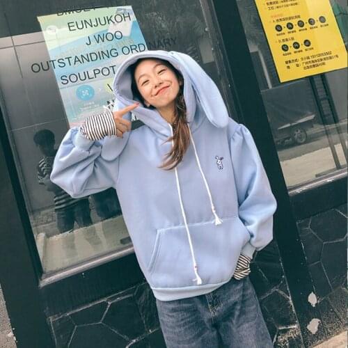 2019 Rabbit Ears Kawaii Sweet Hooded Sweatshirt Women Hoodies Harajuku Loose Embroidery Cartoon Pullovers Tracksuits Sweatshirt