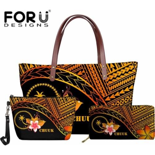 3Pcs Fashion Shoulder Bag for Women Chuuk Polynesian With Plumeria Flower Print Vintage Luxury Female Handbags Waller Sac Mujer