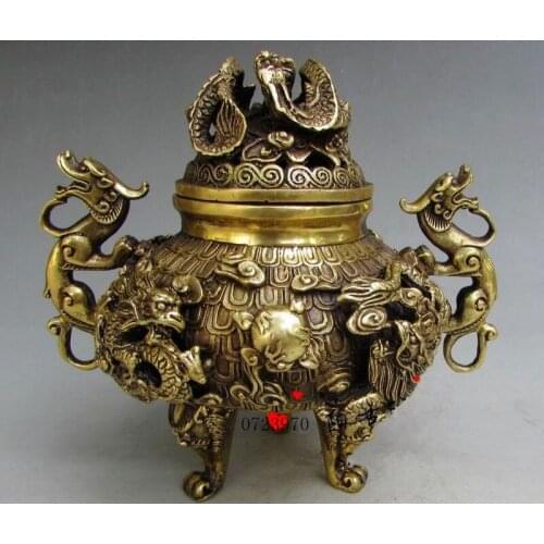 Antique Chinese Fengshui Brass Nine Dragons Incense Burner Statue Qianlong Mark