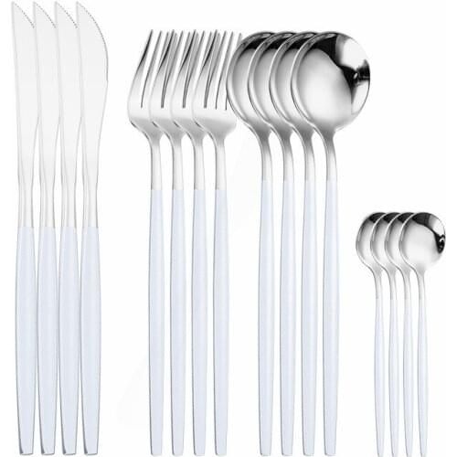 White Silver Tableware Stainless Steel Cutlery Set Dinner 16Pcs Luxury Flatware Set High Quality Kitchen Dinnerware Dropshipping