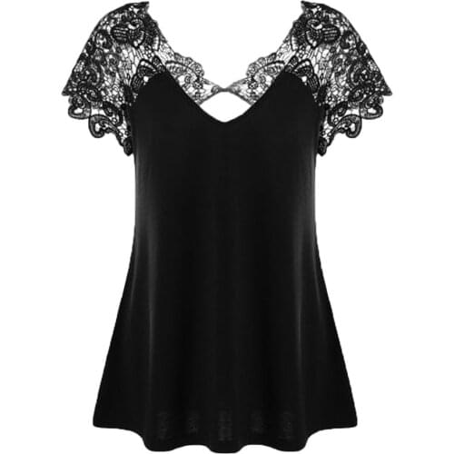 40#Lace Blouses Womens V-Neck Plus Size Solid Patchwork Sexy Short Sleeve Trim Cutwork Tops Spring Elegant Shirts рубашка