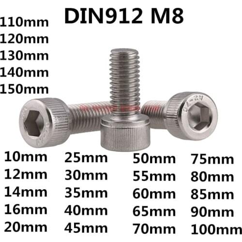 DIN912 M8 Metric Thread 304 Stainless Steel Hex Socket Head Cap Screw Bolts M8*(10/12/14/16/20/25/30/35/40/45/50/55/60~150) mm