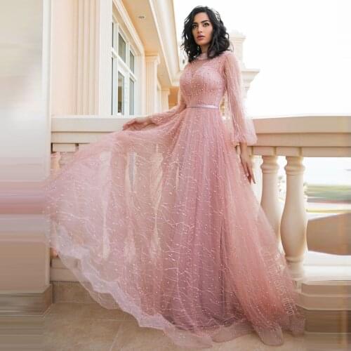 Elegant Pink See Thru Evening Dress High Neck Floor Length Tulle Beadings A-Line Summer Dress Plus Size Long Sleeves Prom Dress