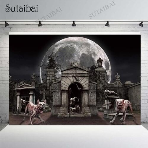 Halloween Backdrop Night Castle Forest Moon Tombstone Human Skeleton Photography Background for Baby Photo Studio Photophone