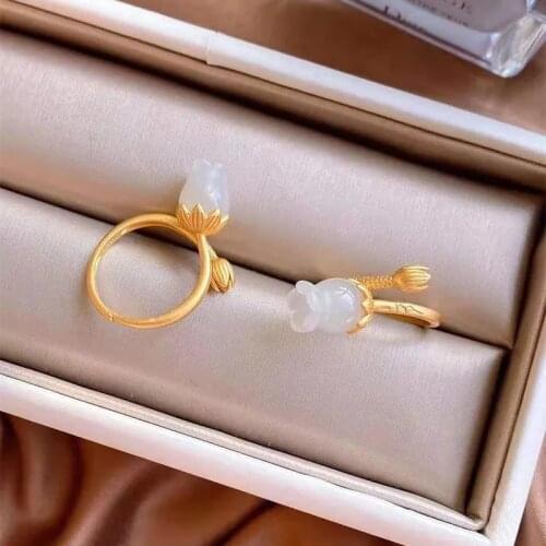 Natural Hetian Jade Magnolia Ring Vintage Chinese Style Flower S925 Sterling Silver Ring Opening Adjustable Ornament