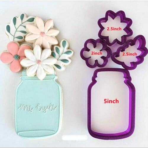 Mason Jar with Flowers and Leaf Set of 4 Cookie Cutter and Fondant Cutter and Clay Cutter