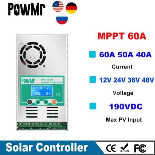 PowMr MPPT 60A Solar Charge Controller 12V 24V 36V 48V Auto For Max 190VDC PV Input Vented Sealed Gel Nicd Li Solar Cells Panel