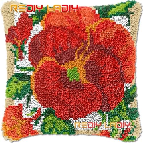 Latch Hook Cushion Red Pansies DIY Needlepoint Kits Chunky Acrylic Yarn Arts Crocheting Lofty Pillow Case Hobby & Crafts